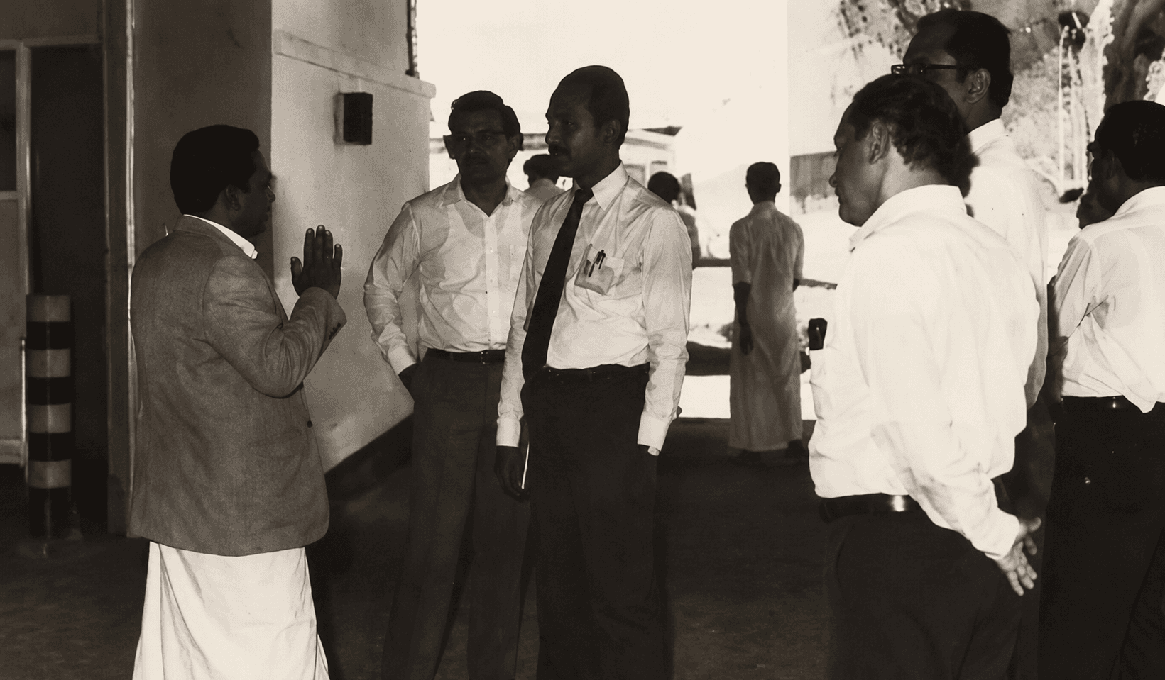 Mr. A. H. A. Azeez with fellow customs house agents at the Colombo wharf in 1975, the year he was elected Customs Wharf President.